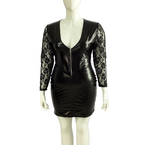 Plus Size Sexy Deep V Neck Mini Dress Shiny Metallic Lace Full Sleeve Party Dress Womens Vinyl Stretch Slim Lady Dress Clubwear
