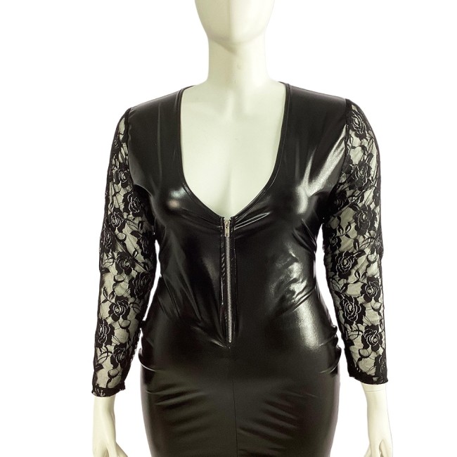 Plus Size Sexy Deep V Neck Mini Dress Shiny Metallic Lace Full Sleeve Party Dress Womens Vinyl Stretch Slim Lady Dress Clubwear
