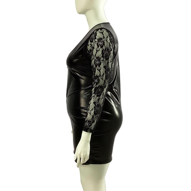 Plus Size Sexy Deep V Neck Mini Dress Shiny Metallic Lace Full Sleeve Party Dress Womens Vinyl Stretch Slim Lady Dress Clubwear