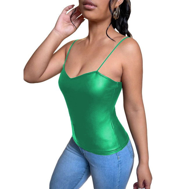 Women Spaghetti Slip Sleeveless Sexy Loew Neck Camisole Bodycon PU Leather Summer Tank Tops Fashion Club High Street Costuems