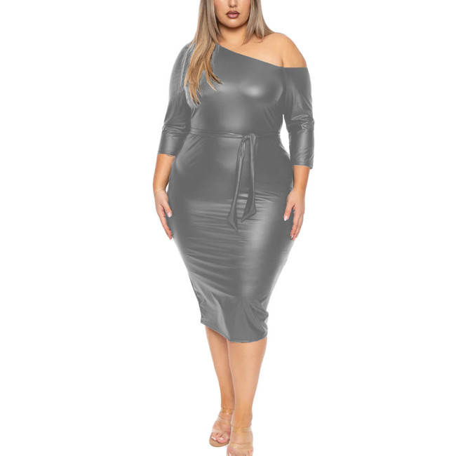 Elegant Bodycon Matte PU Leather One-Shoulder Midi Dress Womens Slim Fit High Street Long Robe Temperament Ladies Belted Dresses