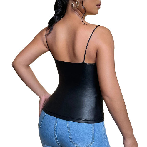 Women Spaghetti Slip Sleeveless Sexy Loew Neck Camisole Bodycon PU Leather Summer Tank Tops Fashion Club High Street Costuems