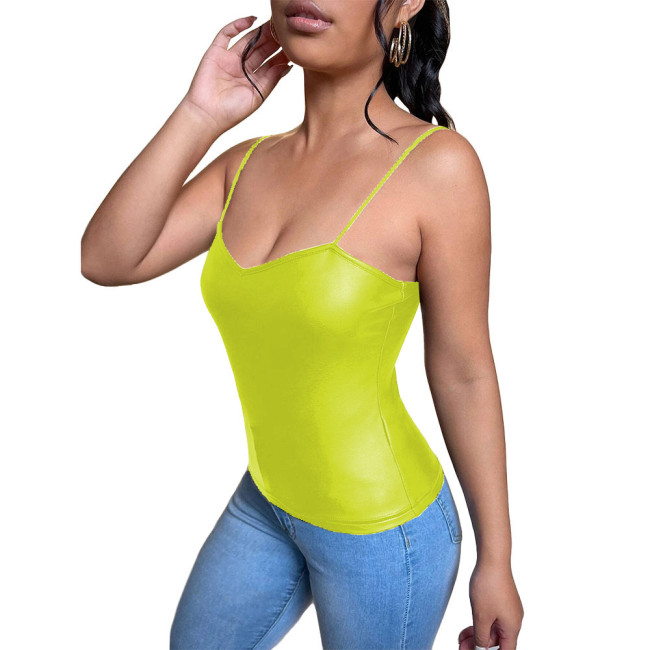 Women Spaghetti Slip Sleeveless Sexy Loew Neck Camisole Bodycon PU Leather Summer Tank Tops Fashion Club High Street Costuems