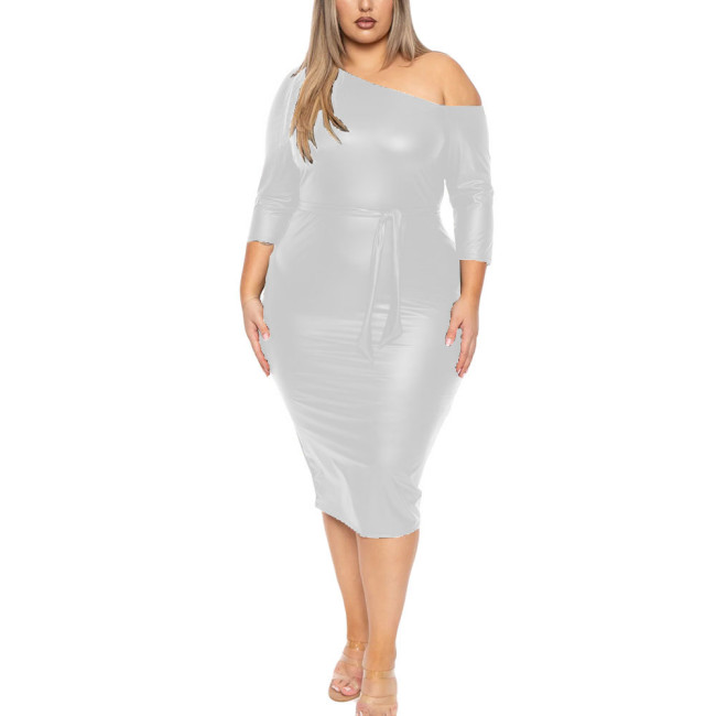 Elegant Bodycon Matte PU Leather One-Shoulder Midi Dress Womens Slim Fit High Street Long Robe Temperament Ladies Belted Dresses