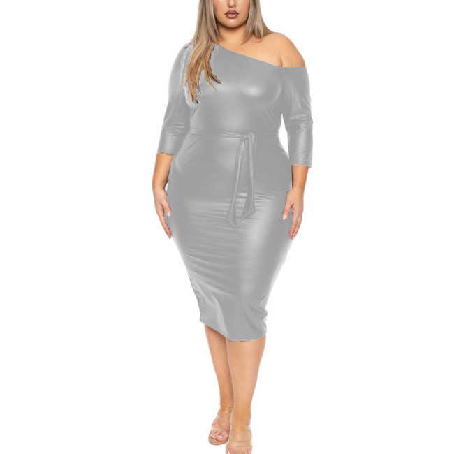 Elegant Bodycon Matte PU Leather One-Shoulder Midi Dress Womens Slim Fit High Street Long Robe Temperament Ladies Belted Dresses