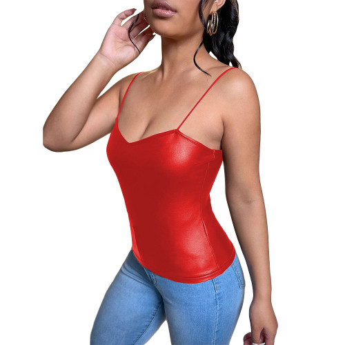 Women Spaghetti Slip Sleeveless Sexy Loew Neck Camisole Bodycon PU Leather Summer Tank Tops Fashion Club High Street Costuems