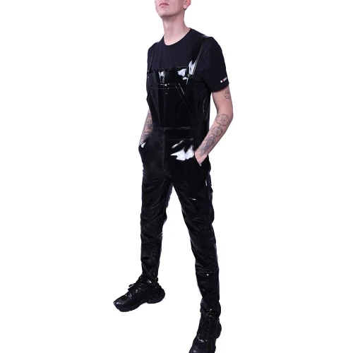 Mens Wetlook PVC Leather Dungarees Nightclub Strap Suspender Pant Rompers Male Fetish Adjustable Zipper Open Crotch Overalls 7XL