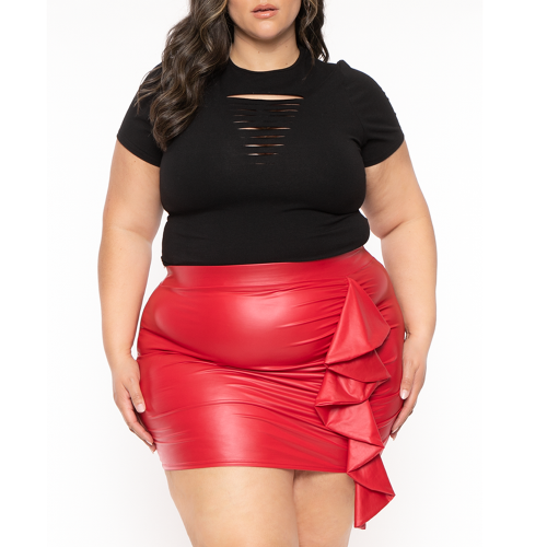 Plus Size Faux PU Leather Bodycon Mini Skirts Womens Sexy Ruffles Pencil Skirts Female High Waist Stretchy Sheath Skirt Clubwear