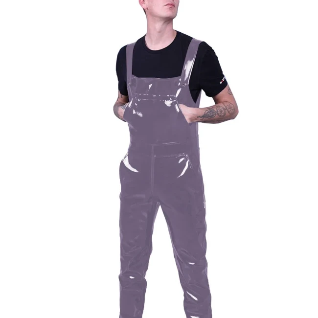 Mens Wetlook PVC Leather Dungarees Nightclub Strap Suspender Pant Rompers Male Fetish Adjustable Zipper Open Crotch Overalls 7XL