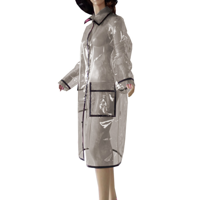 Turn Down Plastic Long Sleeve Women Jacket Pocket Zipper Clear PVC Long Coats Sissy Sexy See Through Party Club Cosplay Costumes