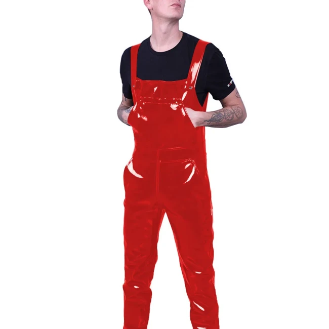 Mens Wetlook PVC Leather Dungarees Nightclub Strap Suspender Pant Rompers Male Fetish Adjustable Zipper Open Crotch Overalls 7XL