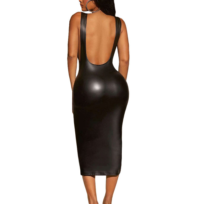 Elegant Strappy Sleeveless Midi Dress Matte PU Leather Sexy Backless Skinny Hobble Women Clothes Evening Banquet Venue Gown