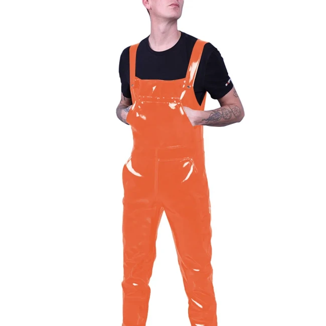 Mens Wetlook PVC Leather Dungarees Nightclub Strap Suspender Pant Rompers Male Fetish Adjustable Zipper Open Crotch Overalls 7XL