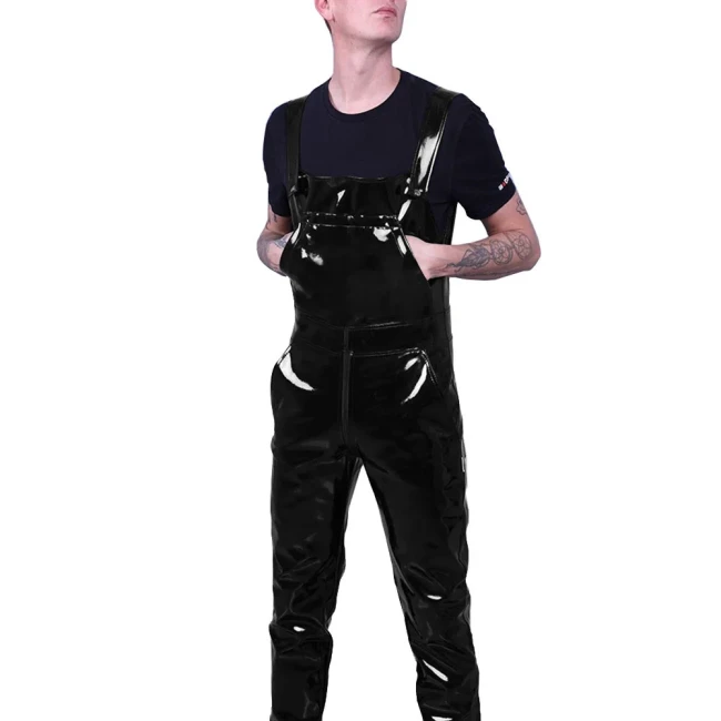 Mens Wetlook PVC Leather Dungarees Nightclub Strap Suspender Pant Rompers Male Fetish Adjustable Zipper Open Crotch Overalls 7XL
