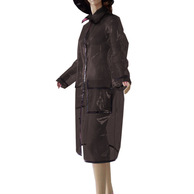 Turn Down Plastic Long Sleeve Women Jacket Pocket Zipper Clear PVC Long Coats Sissy Sexy See Through Party Club Cosplay Costumes