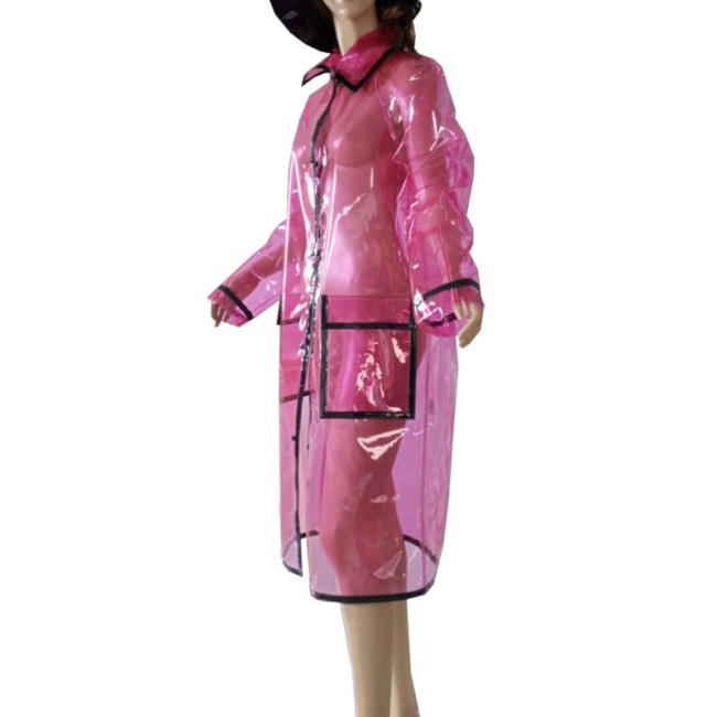 Turn Down Plastic Long Sleeve Women Jacket Pocket Zipper Clear PVC Long Coats Sissy Sexy See Through Party Club Cosplay Costumes
