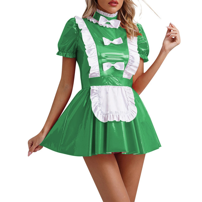 High Neck Short Sleeve Maid Lolita Uniform with Apron Front Bow Trim Mini Dress Dance Party Wear Halloween Costumes for Women