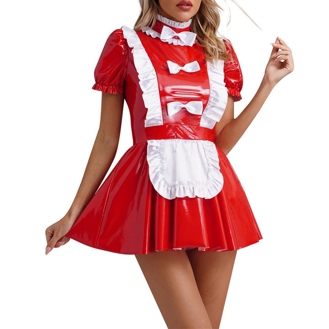 High Neck Short Sleeve Maid Lolita Uniform with Apron Front Bow Trim Mini Dress Dance Party Wear Halloween Costumes for Women