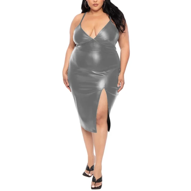 Plus Size Faux Leather Spaghetti Strap Midi Dress for Womens Sexy Sleeveless High Split PU Bodycon Dress Club Party Formal Wear