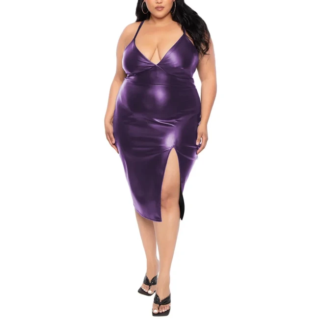 Plus Size Faux Leather Spaghetti Strap Midi Dress for Womens Sexy Sleeveless High Split PU Bodycon Dress Club Party Formal Wear