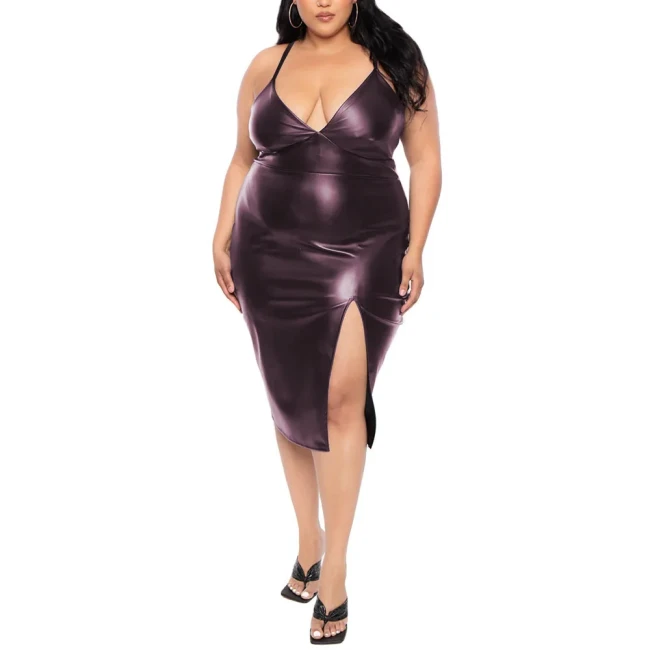 Plus Size Faux Leather Spaghetti Strap Midi Dress for Womens Sexy Sleeveless High Split PU Bodycon Dress Club Party Formal Wear