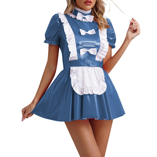 High Neck Short Sleeve Maid Lolita Uniform with Apron Front Bow Trim Mini Dress Dance Party Wear Halloween Costumes for Women