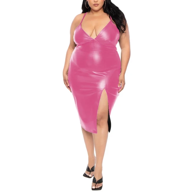 Plus Size Faux Leather Spaghetti Strap Midi Dress for Womens Sexy Sleeveless High Split PU Bodycon Dress Club Party Formal Wear