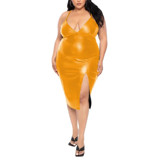 Plus Size Faux Leather Spaghetti Strap Midi Dress for Womens Sexy Sleeveless High Split PU Bodycon Dress Club Party Formal Wear