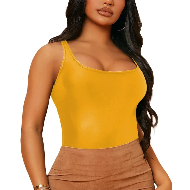 Fashion Sleeveless Spaghetti Slip Deep U-neck Tank Women Sexy Slim Fitting Short Camisole PU Matte Leather Rave Beer Party Top