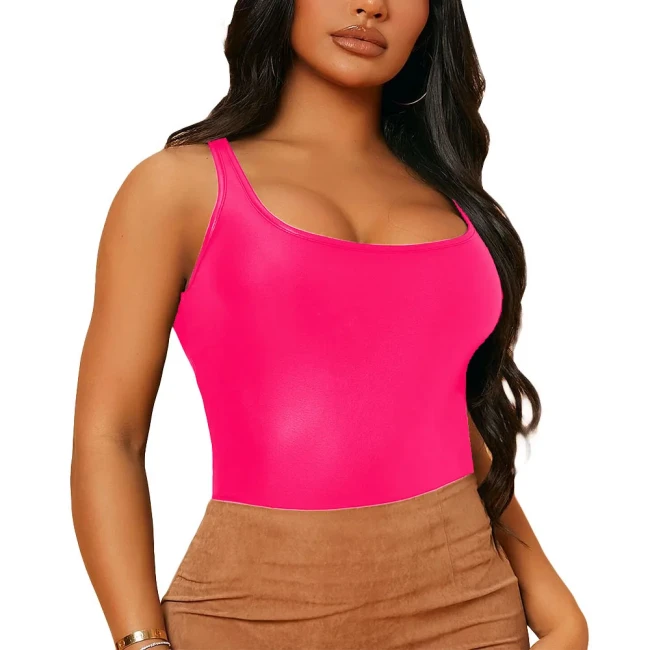 Fashion Sleeveless Spaghetti Slip Deep U-neck Tank Women Sexy Slim Fitting Short Camisole PU Matte Leather Rave Beer Party Top