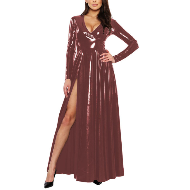 Elegant Women's Side Slit Long Dress Sexy Deep V-long Sleeved Vestido Shiny Patent Latex Uniforms Evening Banquet Venue Gown