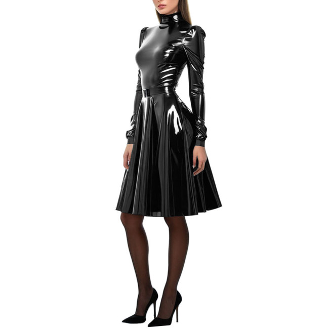 Women Patent Leather A-Line Dress Long Puff Sleeve PVC Leather Costume High Neck Party Long Dress Slim Fit Vestido Female