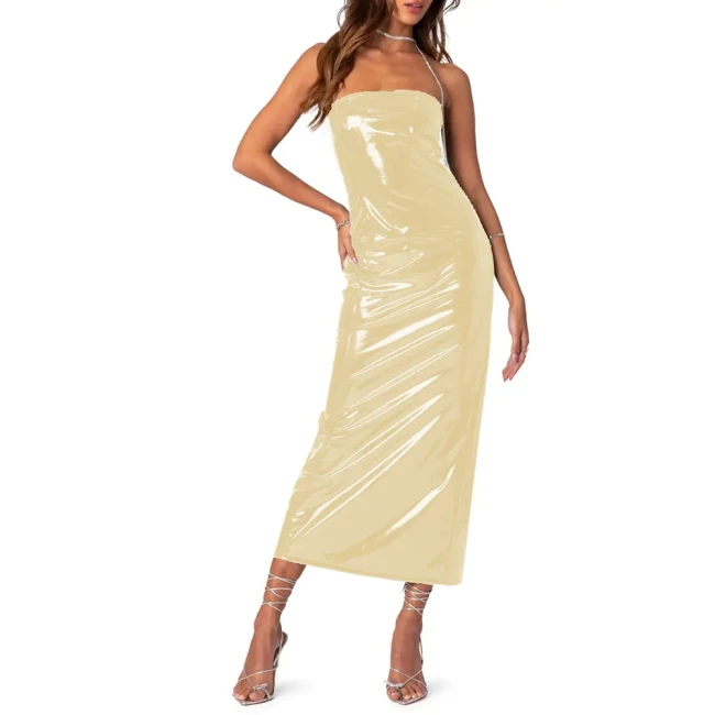 Sexy Strapless Ankle-length Long Dress Wetlook PVC Leather Bodycon Straight Women Dresses Fashionable High Street Clothing