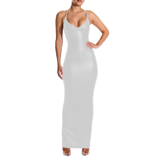 Sexy V-neck PU Leather Skinny Long Dress Women Sleeveless Cross Backless Bodycon Pencil Dress Female Elegant Club Party Vestidos