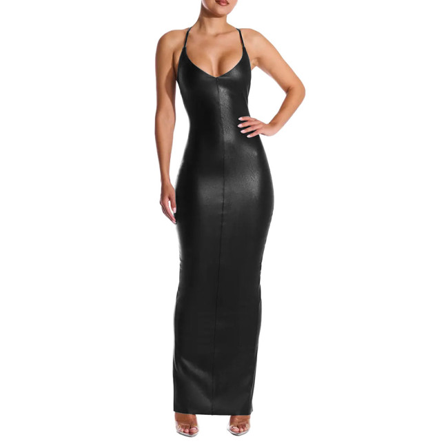 Sexy V-neck PU Leather Skinny Long Dress Women Sleeveless Cross Backless Bodycon Pencil Dress Female Elegant Club Party Vestidos