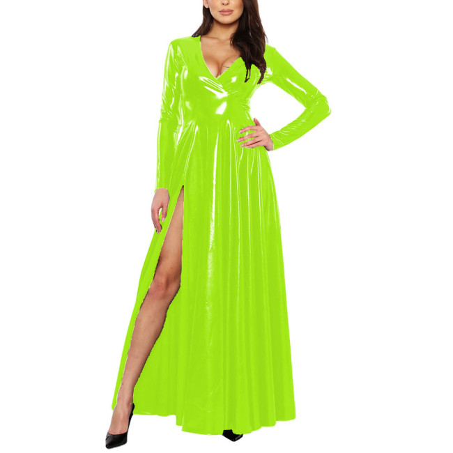 Elegant Women's Side Slit Long Dress Sexy Deep V-long Sleeved Vestido Shiny Patent Latex Uniforms Evening Banquet Venue Gown