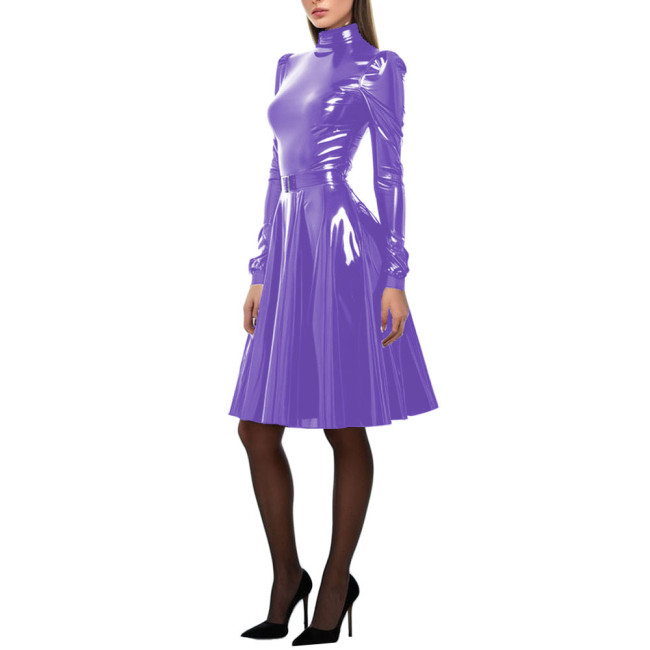Women Patent Leather A-Line Dress Long Puff Sleeve PVC Leather Costume High Neck Party Long Dress Slim Fit Vestido Female