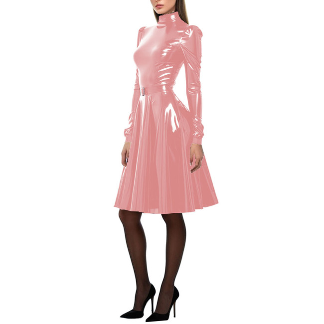 Women Patent Leather A-Line Dress Long Puff Sleeve PVC Leather Costume High Neck Party Long Dress Slim Fit Vestido Female