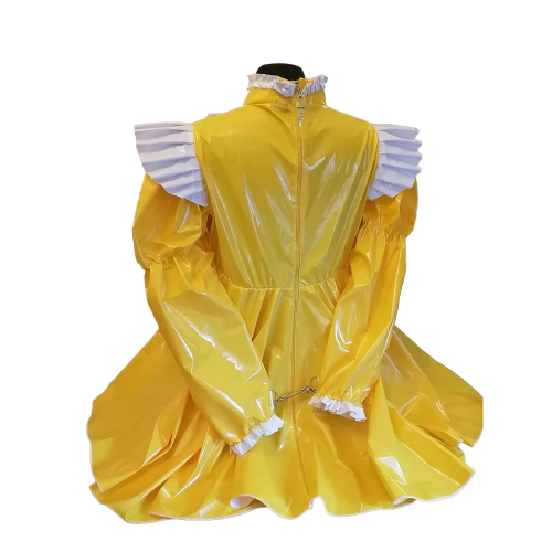 Lockable Back Zip-up Lolita Collection Turtleneck Puff Long Sleeve Women Dress Patchwork A-line Pleated Costumes PVC Leather
