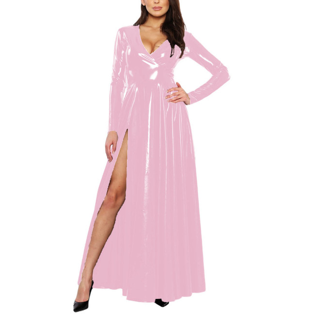 Elegant Women's Side Slit Long Dress Sexy Deep V-long Sleeved Vestido Shiny Patent Latex Uniforms Evening Banquet Venue Gown