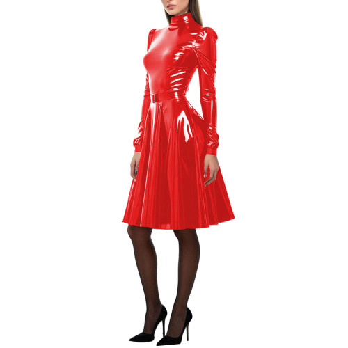 Women Patent Leather A-Line Dress Long Puff Sleeve PVC Leather Costume High Neck Party Long Dress Slim Fit Vestido Female