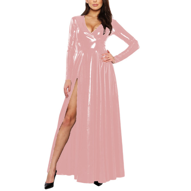Elegant Women's Side Slit Long Dress Sexy Deep V-long Sleeved Vestido Shiny Patent Latex Uniforms Evening Banquet Venue Gown