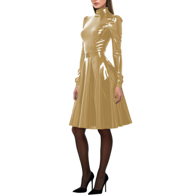 Women Patent Leather A-Line Dress Long Puff Sleeve PVC Leather Costume High Neck Party Long Dress Slim Fit Vestido Female