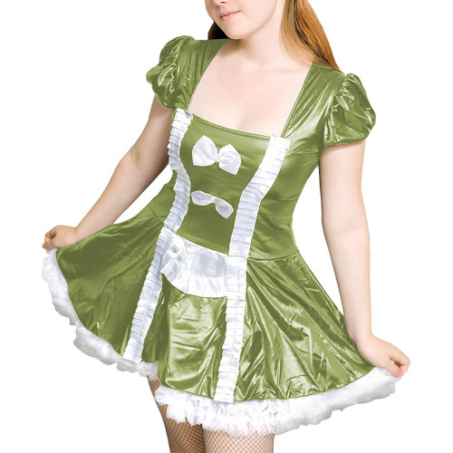 Womens Naughty Square Collar A-line Maid Dress Carnival Themed Party Clubwear Glossy PVC Leather Puff Short Sleeve Apron Dress