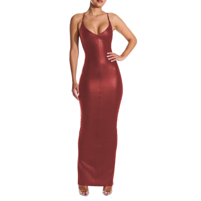 Sexy V-neck PU Leather Skinny Long Dress Women Sleeveless Cross Backless Bodycon Pencil Dress Female Elegant Club Party Vestidos