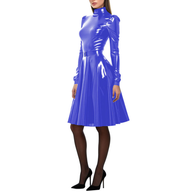 Women Patent Leather A-Line Dress Long Puff Sleeve PVC Leather Costume High Neck Party Long Dress Slim Fit Vestido Female