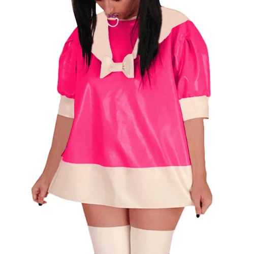 Sissy Sailor Mini Dress PVC Glossy Leather Short Puff Sleeve with Bownot Dress Party Cosplay Costume Sissy Sailor Uniform