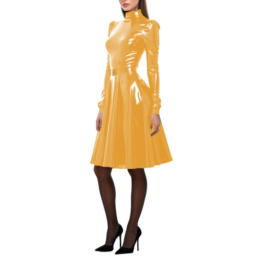 Women Patent Leather A-Line Dress Long Puff Sleeve PVC Leather Costume High Neck Party Long Dress Slim Fit Vestido Female