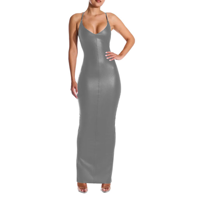 Sexy V-neck PU Leather Skinny Long Dress Women Sleeveless Cross Backless Bodycon Pencil Dress Female Elegant Club Party Vestidos