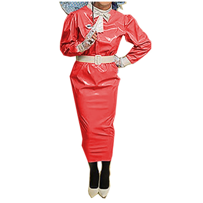 Sissy Glossy PVC Leather Ankle Length Hobble Dress Gothic Long Puff Sleeve Bodycon Pencil Dress Mens Wet Look Night Club Outfits